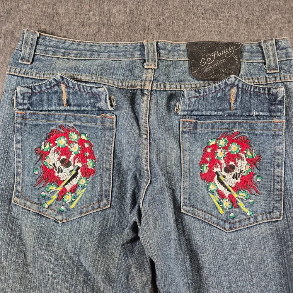 Ed Hardy Christian Audigier Jeans Mens 33x30 Skull Rose Embroidered Y2K Denim
